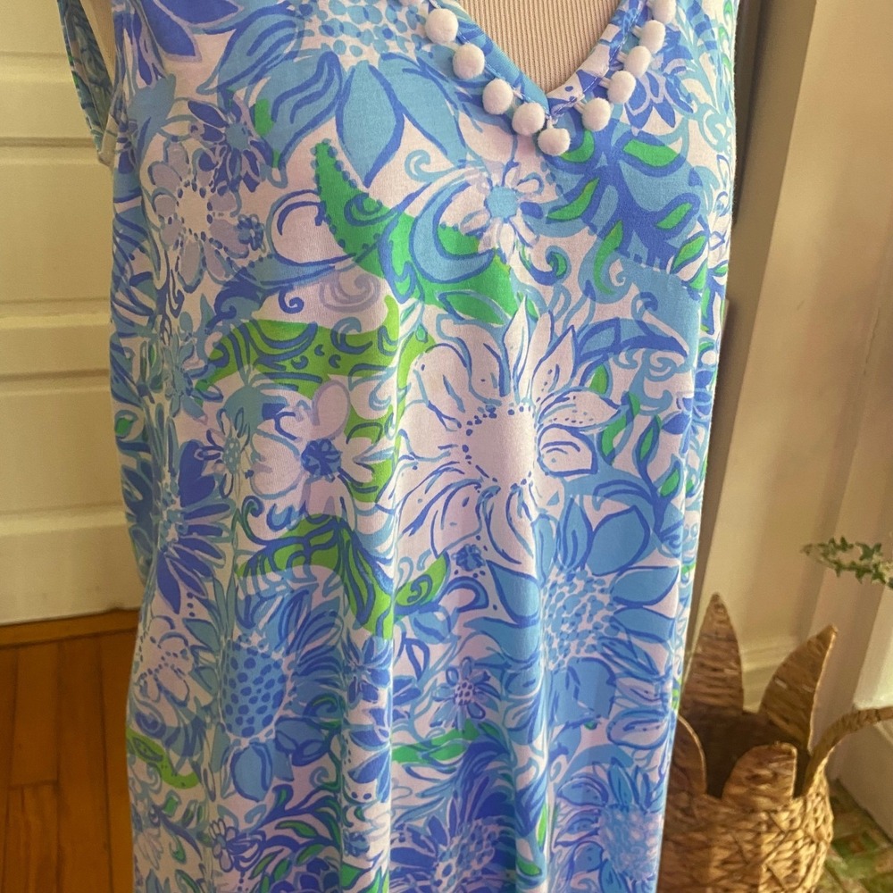 Lilly Pulitzer Blue Green Floral Pom Pom V-Neck Ruffle Hem Shift Dress Medium - Picture 4 of 9